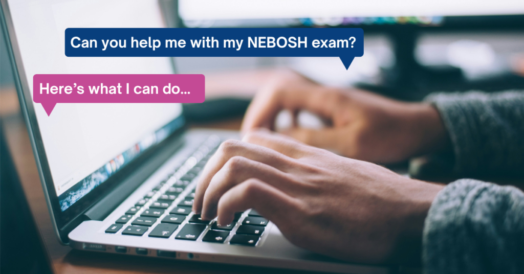 Hands hovering over a laptop keyboard, while text bubbles show they are asking AI if they can help with their NEBOSH assessment